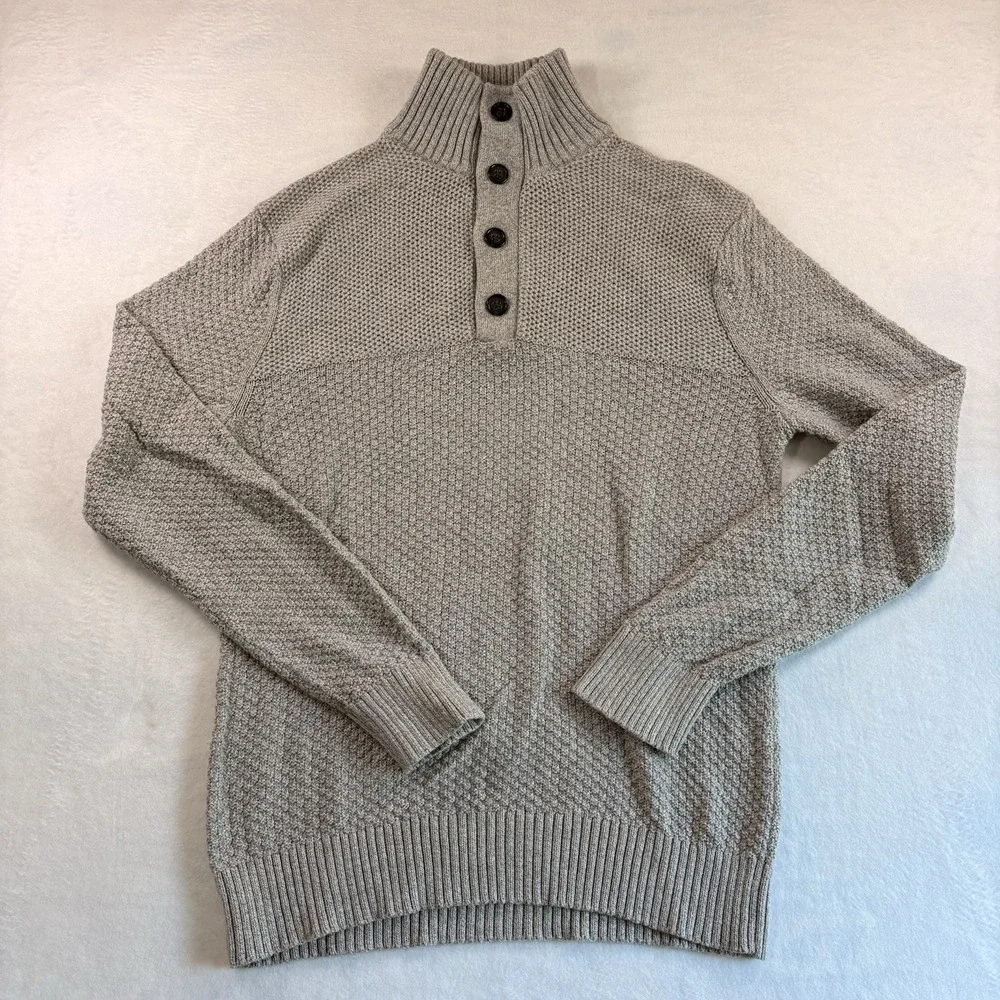 Banana Republic Sweater Mens Large Gray 1/4 Button Pullover Cotton Blend Knit